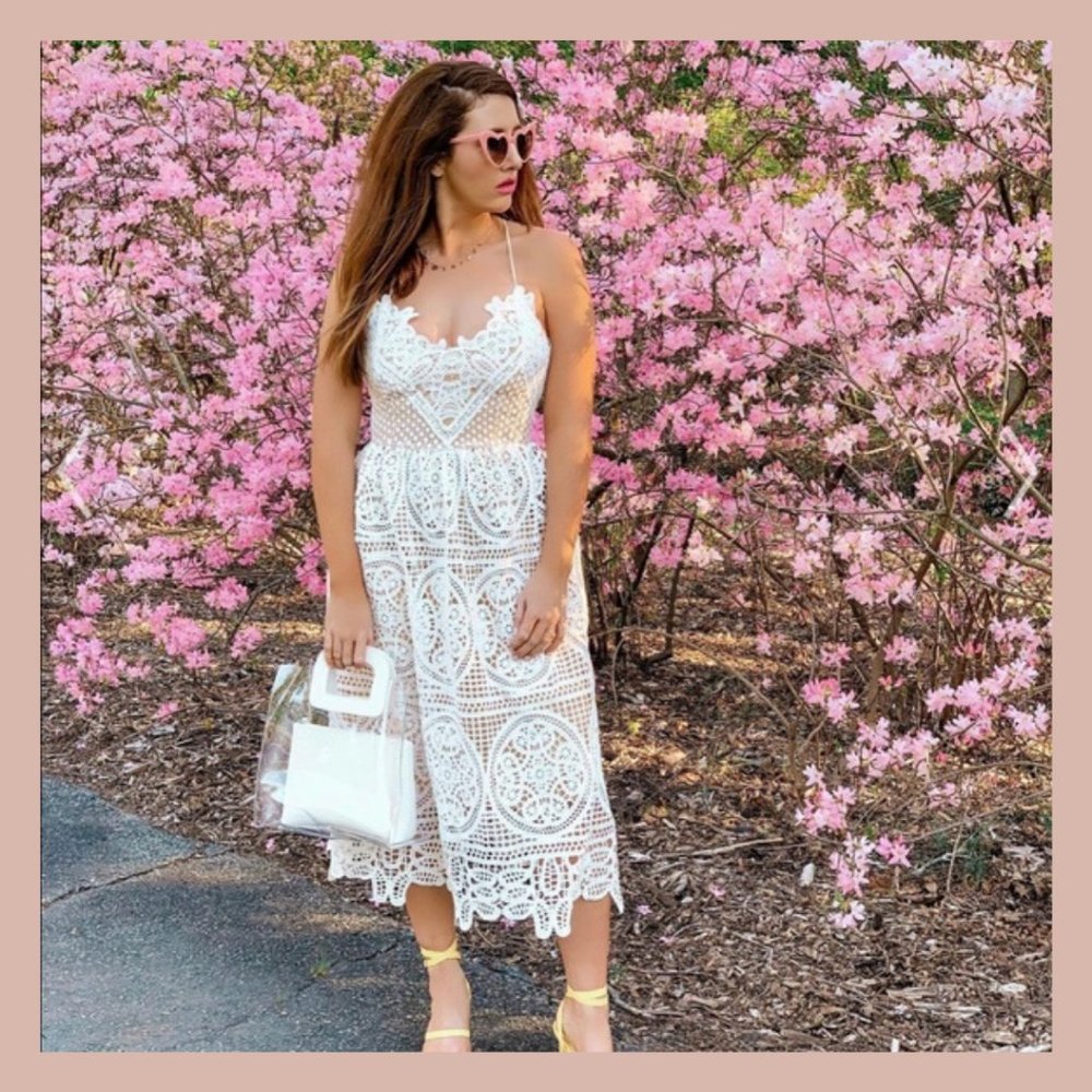 White Lace Midi Dress- Bridal Shower, Rehearsal Dinner- Sz Medium